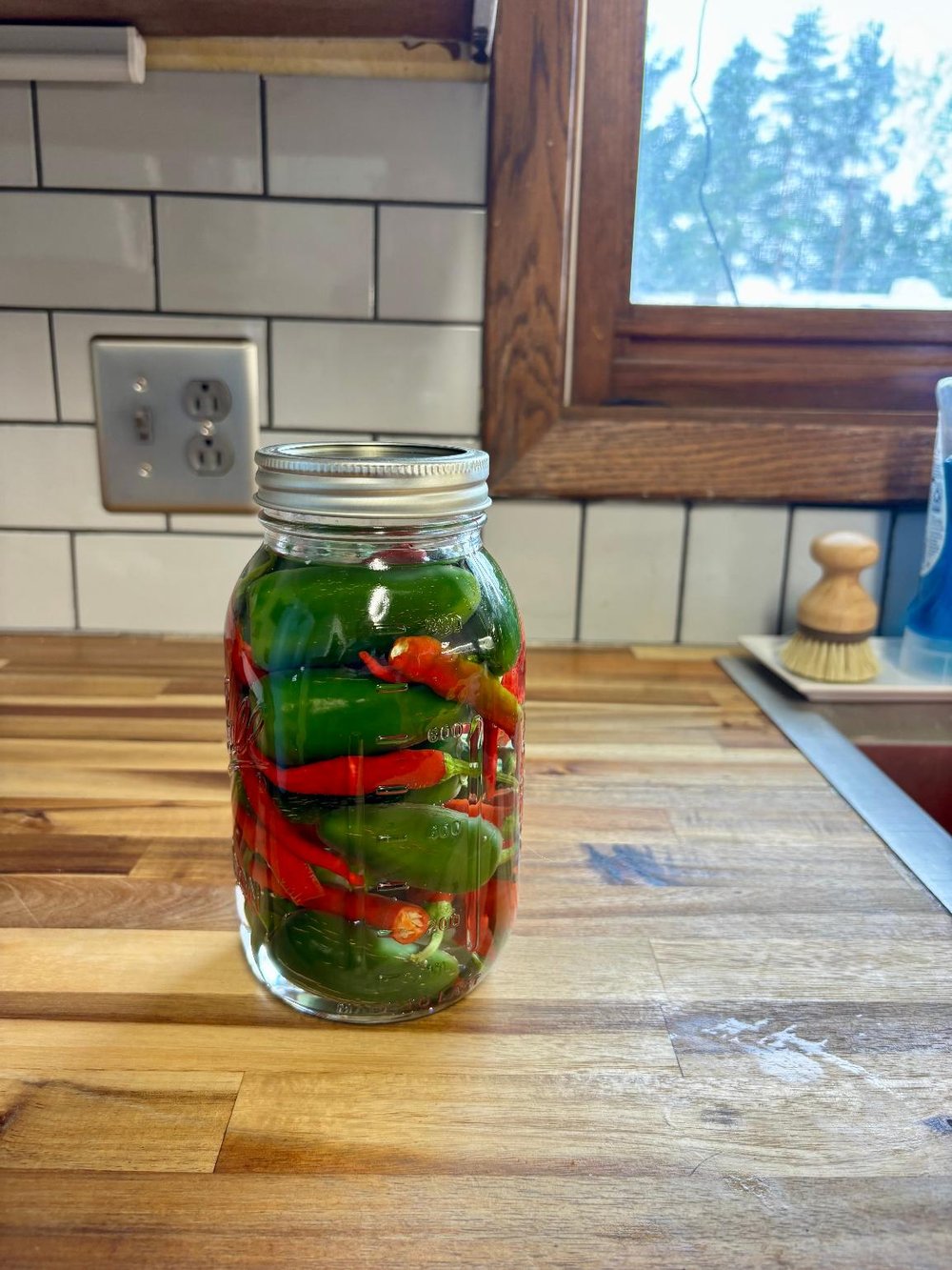 A tall jar packed tight with green jalapeños and red chili peppers