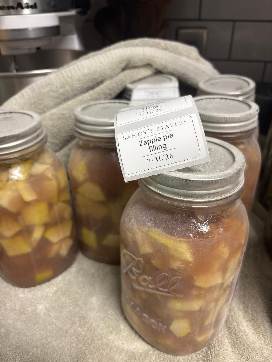 Jars of preserved zucchini, disguised as apple pie filling